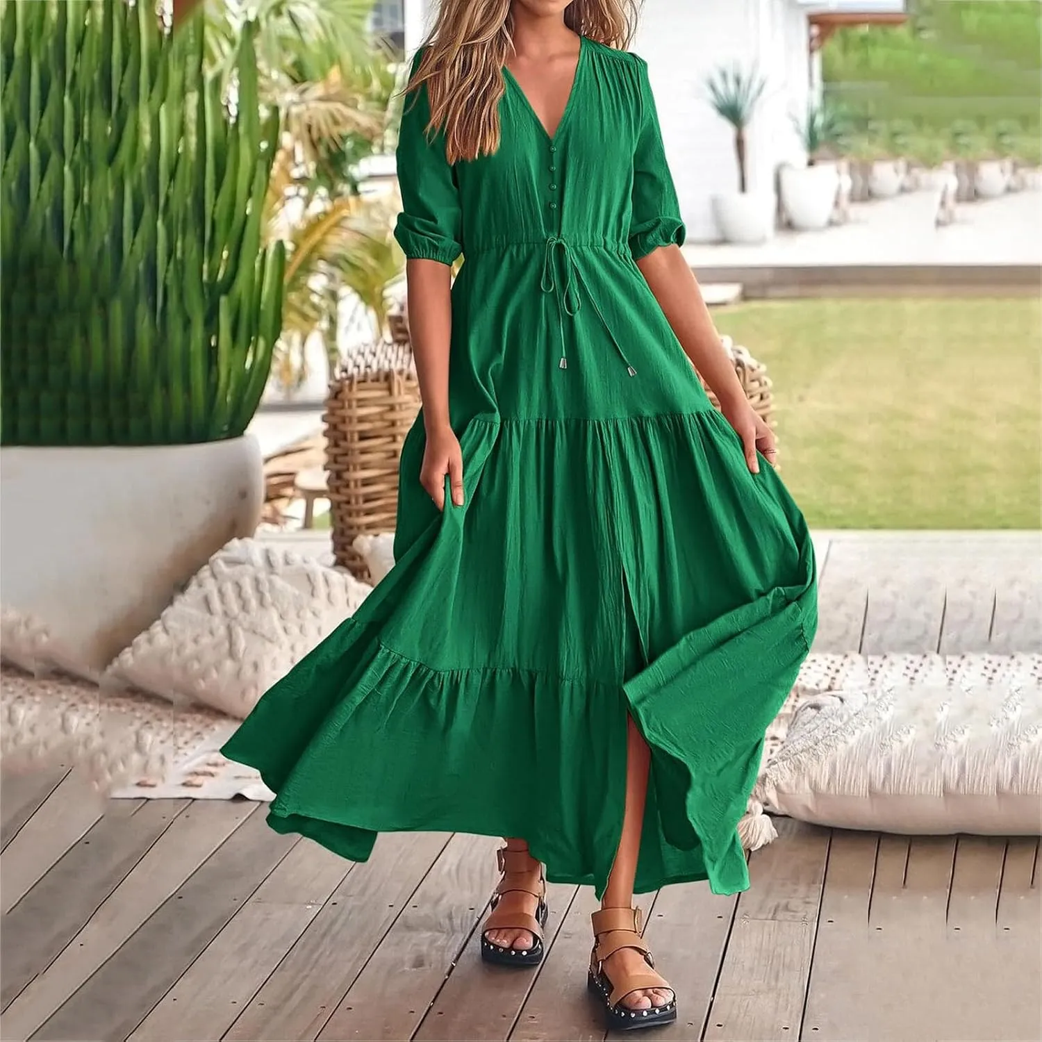 Women Summer Dresses Casual Short Sleeve Maxi Dress V Neck Split Long Beach Dress Button Drawstring Vacation Sundress