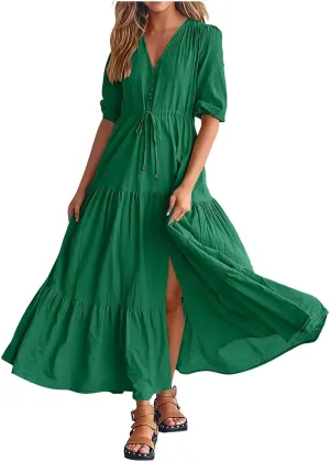 Women Summer Dresses Casual Short Sleeve Maxi Dress V Neck Split Long Beach Dress Button Drawstring Vacation Sundress