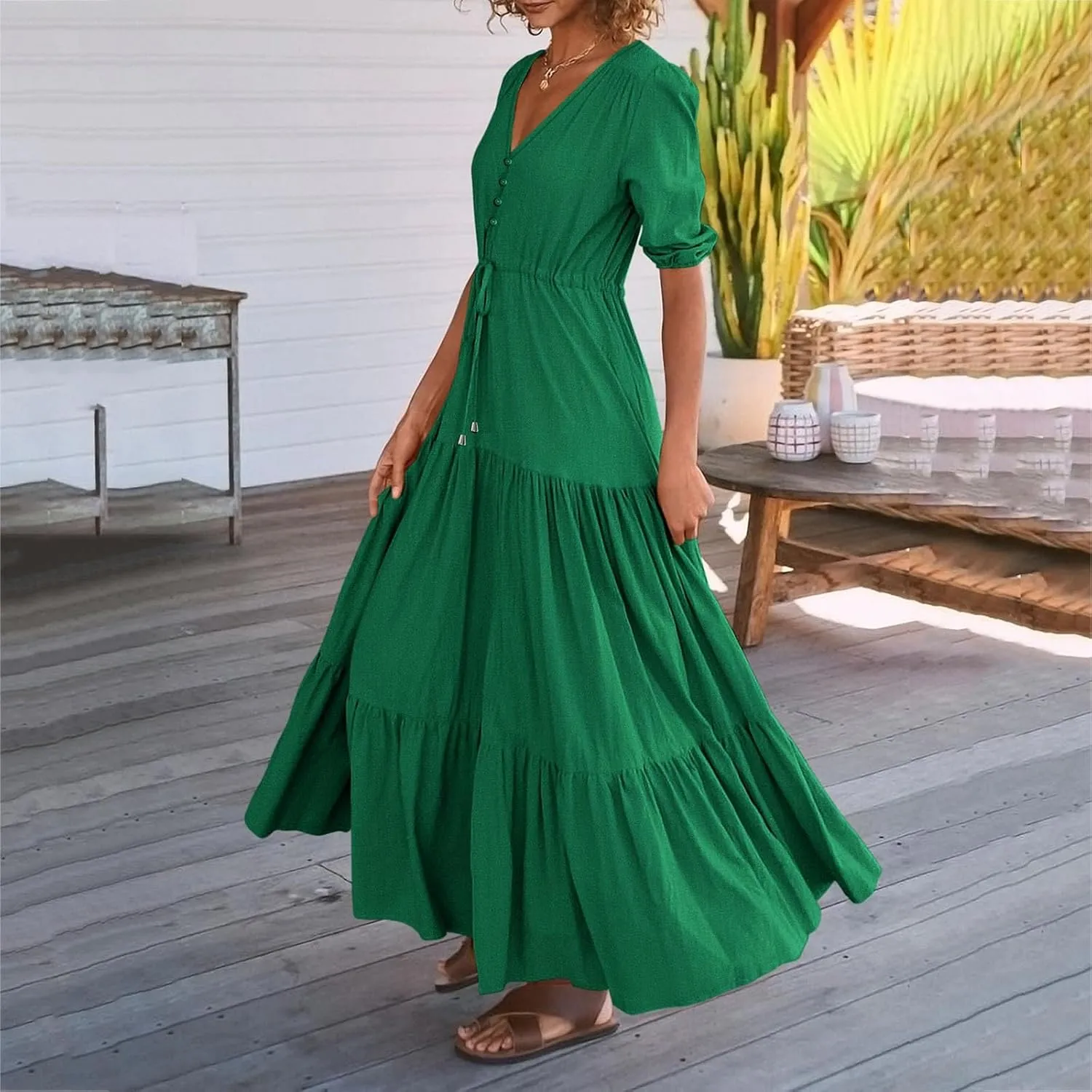 Women Summer Dresses Casual Short Sleeve Maxi Dress V Neck Split Long Beach Dress Button Drawstring Vacation Sundress