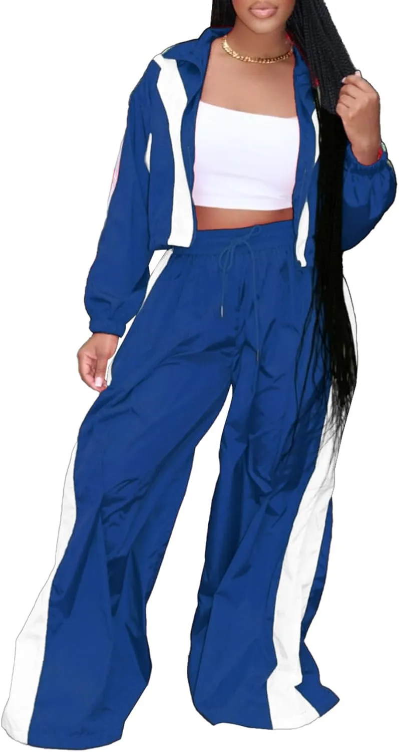 Women Sweatsuits 2 Piece Outfit Color Block Crop Zipper Tops & Elastic Waist Wide Leg Pants Sets Streetwear Tracksuit