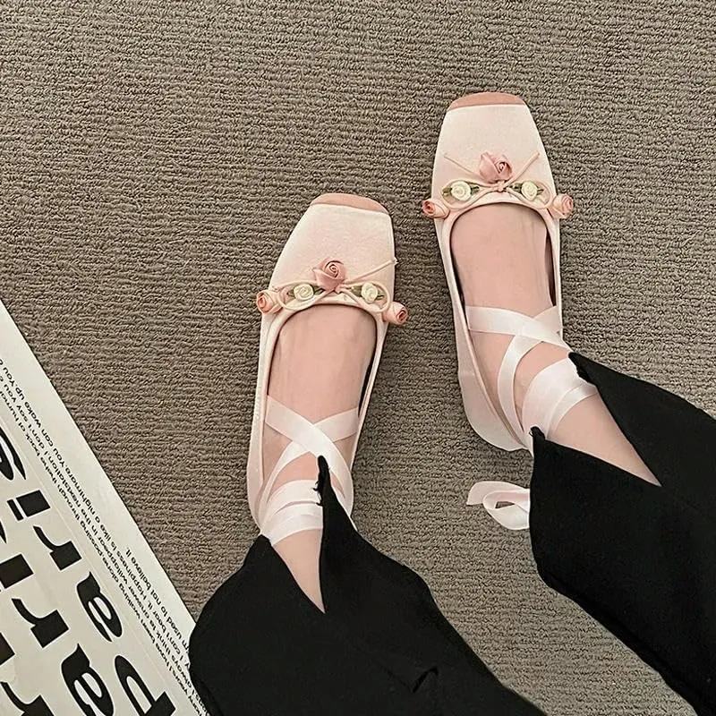 Women's Ballet Flats Shoes Tie Leg Satin Silk Ballet Flats Woman Square Toe Bowknot Elastic Ladies Wedding Floral Shoes