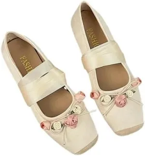 Women's Ballet Flats Shoes Tie Leg Satin Silk Ballet Flats Woman Square Toe Bowknot Elastic Ladies Wedding Floral Shoes