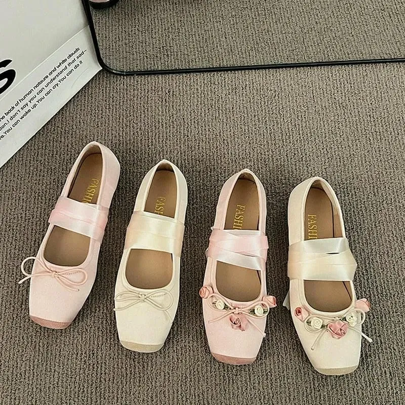 Women's Ballet Flats Shoes Tie Leg Satin Silk Ballet Flats Woman Square Toe Bowknot Elastic Ladies Wedding Floral Shoes