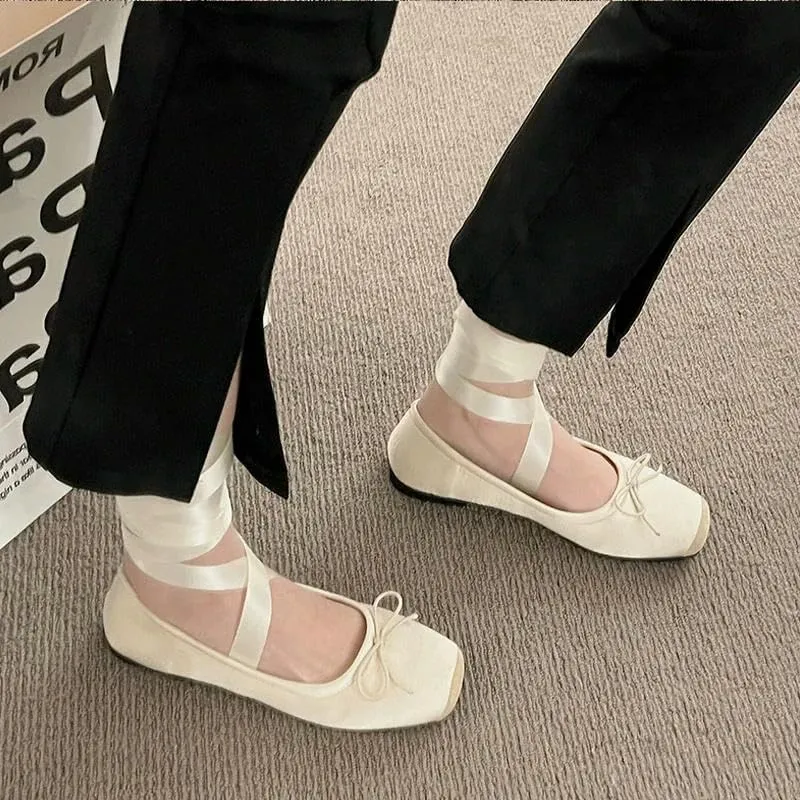 Women's Ballet Flats Shoes Tie Leg Satin Silk Ballet Flats Woman Square Toe Bowknot Elastic Ladies Wedding Floral Shoes