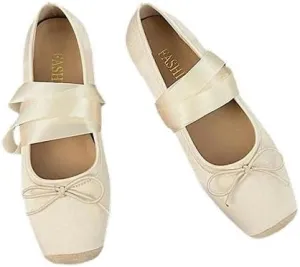 Women's Ballet Flats Shoes Tie Leg Satin Silk Ballet Flats Woman Square Toe Bowknot Elastic Ladies Wedding Floral Shoes