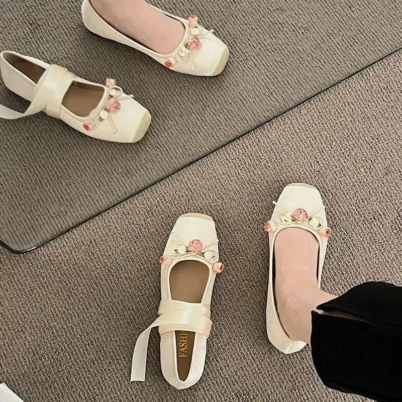 Women's Ballet Flats Shoes Tie Leg Satin Silk Ballet Flats Woman Square Toe Bowknot Elastic Ladies Wedding Floral Shoes