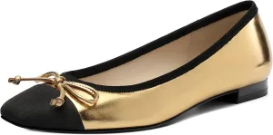 Women's Cap Toe Flats, Square Toe Ballet Flats with Bow, Two Tone Slip On Dress Flats for Women