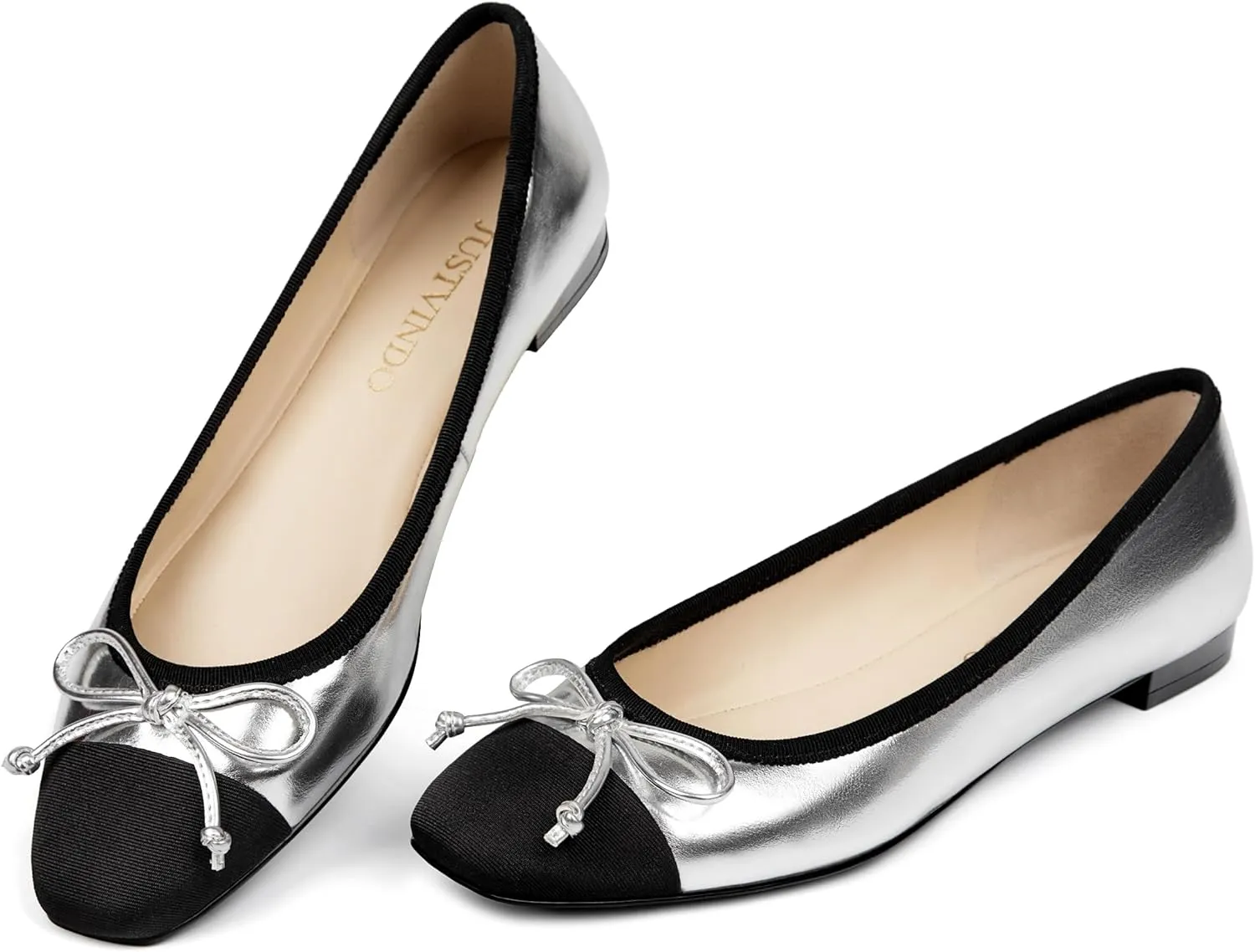 Women's Cap Toe Flats, Square Toe Ballet Flats with Bow, Two Tone Slip On Dress Flats for Women
