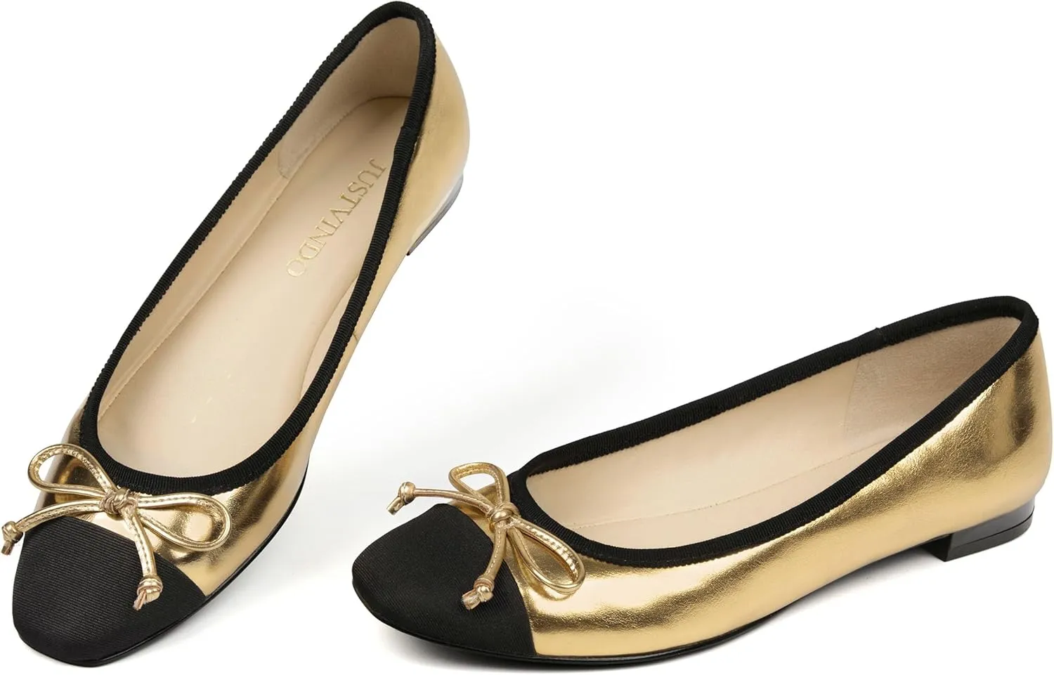 Women's Cap Toe Flats, Square Toe Ballet Flats with Bow, Two Tone Slip On Dress Flats for Women