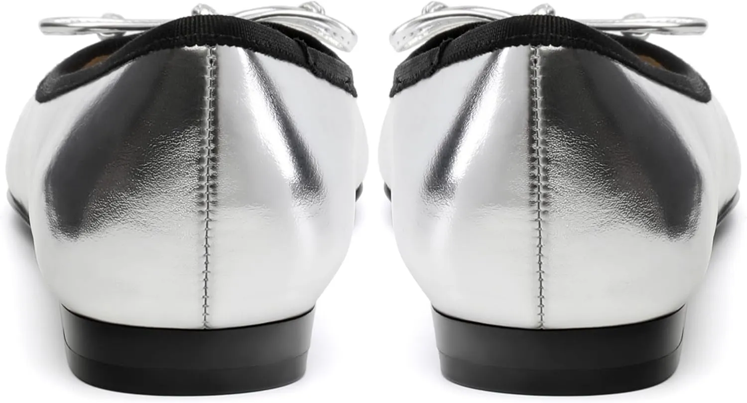 Women's Cap Toe Flats, Square Toe Ballet Flats with Bow, Two Tone Slip On Dress Flats for Women