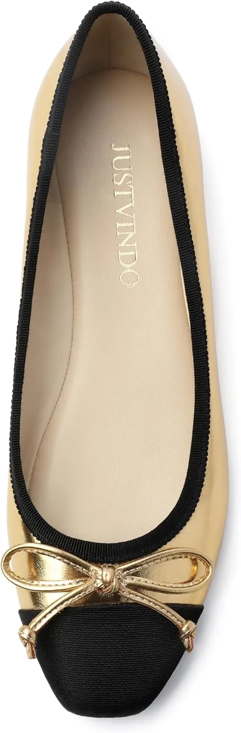 Women's Cap Toe Flats, Square Toe Ballet Flats with Bow, Two Tone Slip On Dress Flats for Women