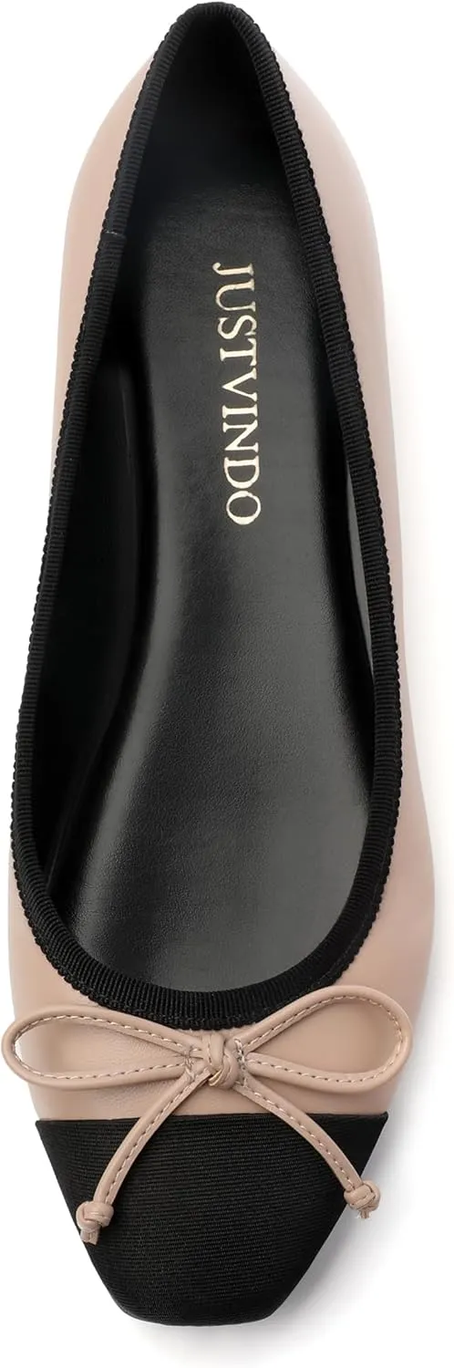 Women's Cap Toe Flats, Square Toe Ballet Flats with Bow, Two Tone Slip On Dress Flats for Women