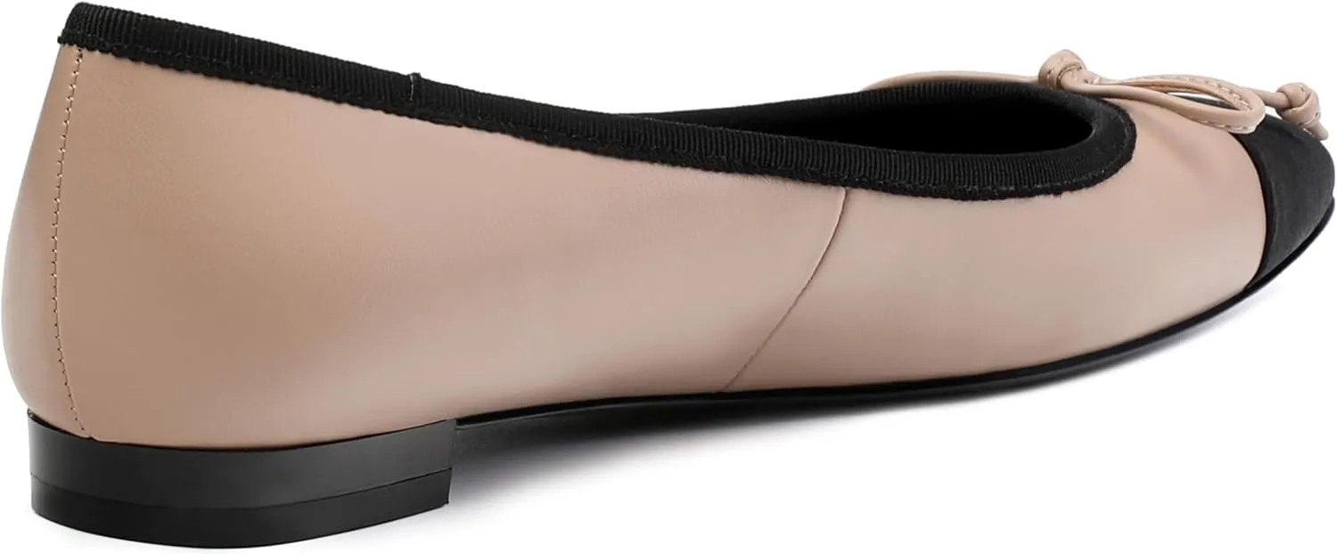 Women's Cap Toe Flats, Square Toe Ballet Flats with Bow, Two Tone Slip On Dress Flats for Women
