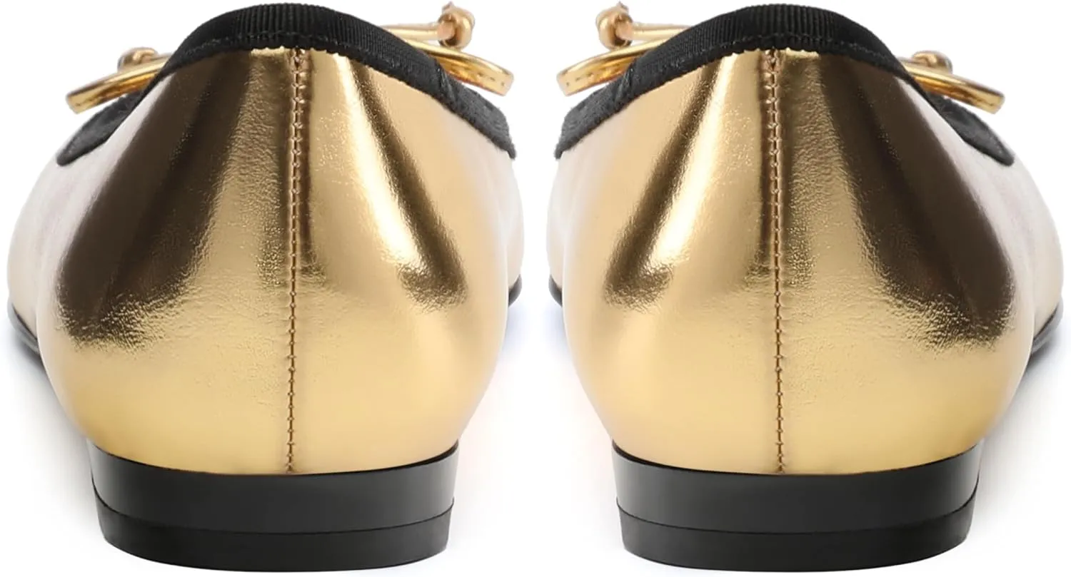 Women's Cap Toe Flats, Square Toe Ballet Flats with Bow, Two Tone Slip On Dress Flats for Women