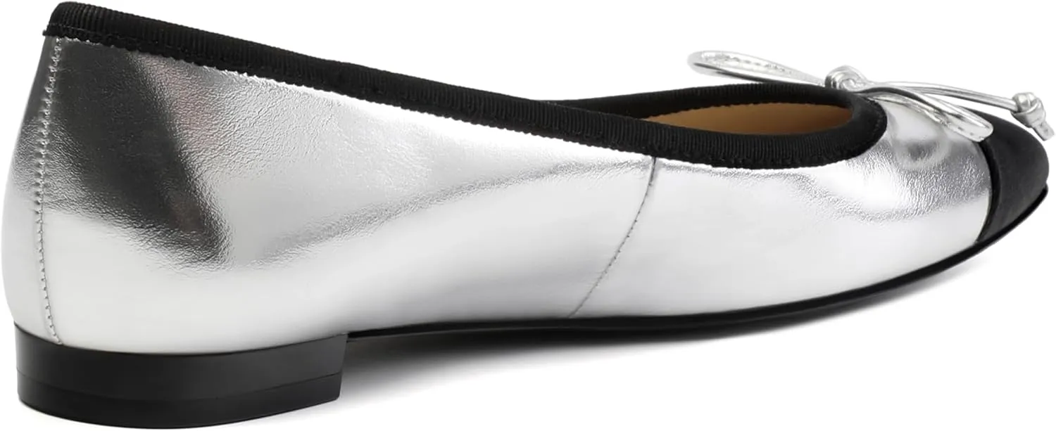 Women's Cap Toe Flats, Square Toe Ballet Flats with Bow, Two Tone Slip On Dress Flats for Women