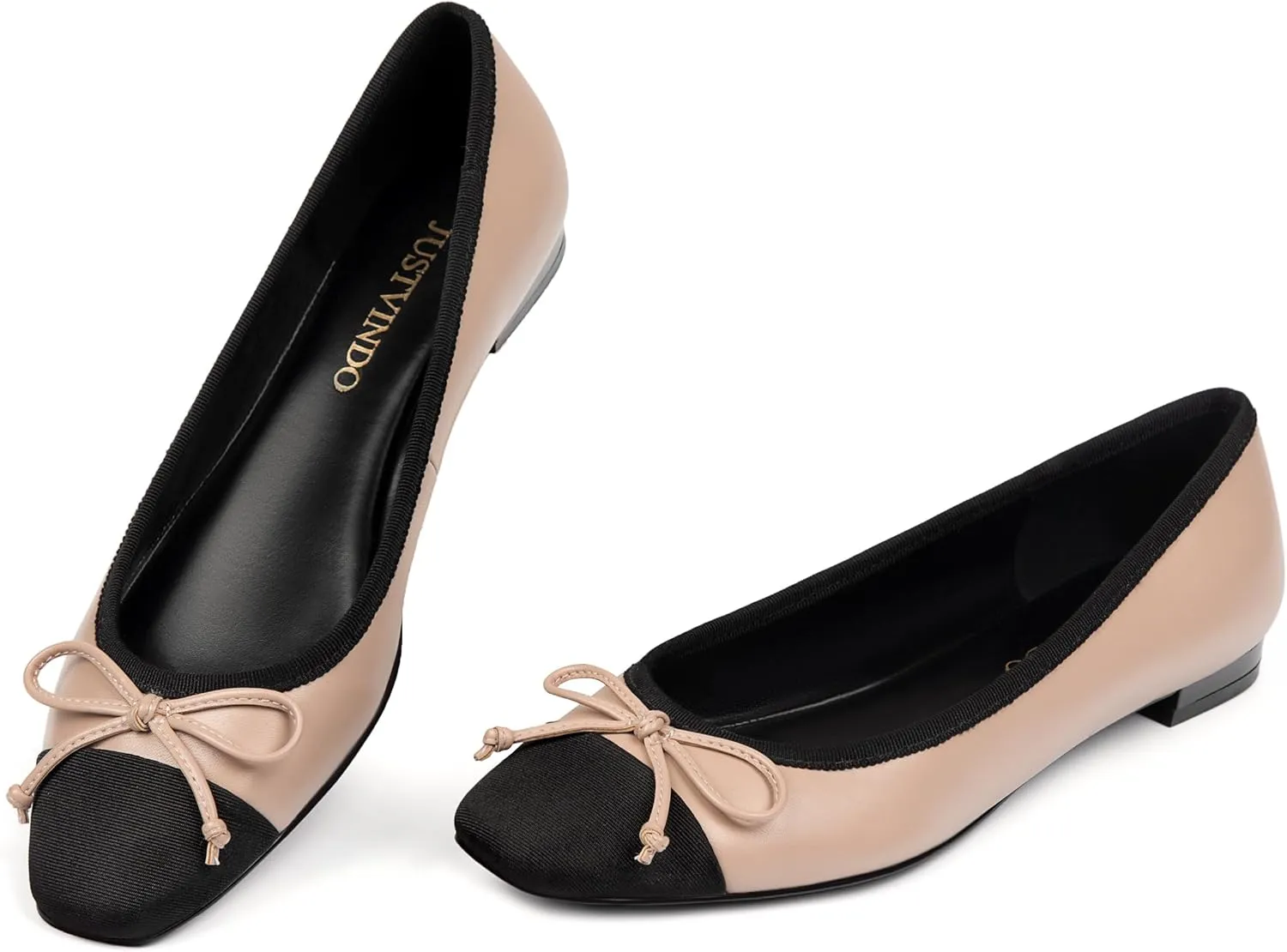 Women's Cap Toe Flats, Square Toe Ballet Flats with Bow, Two Tone Slip On Dress Flats for Women