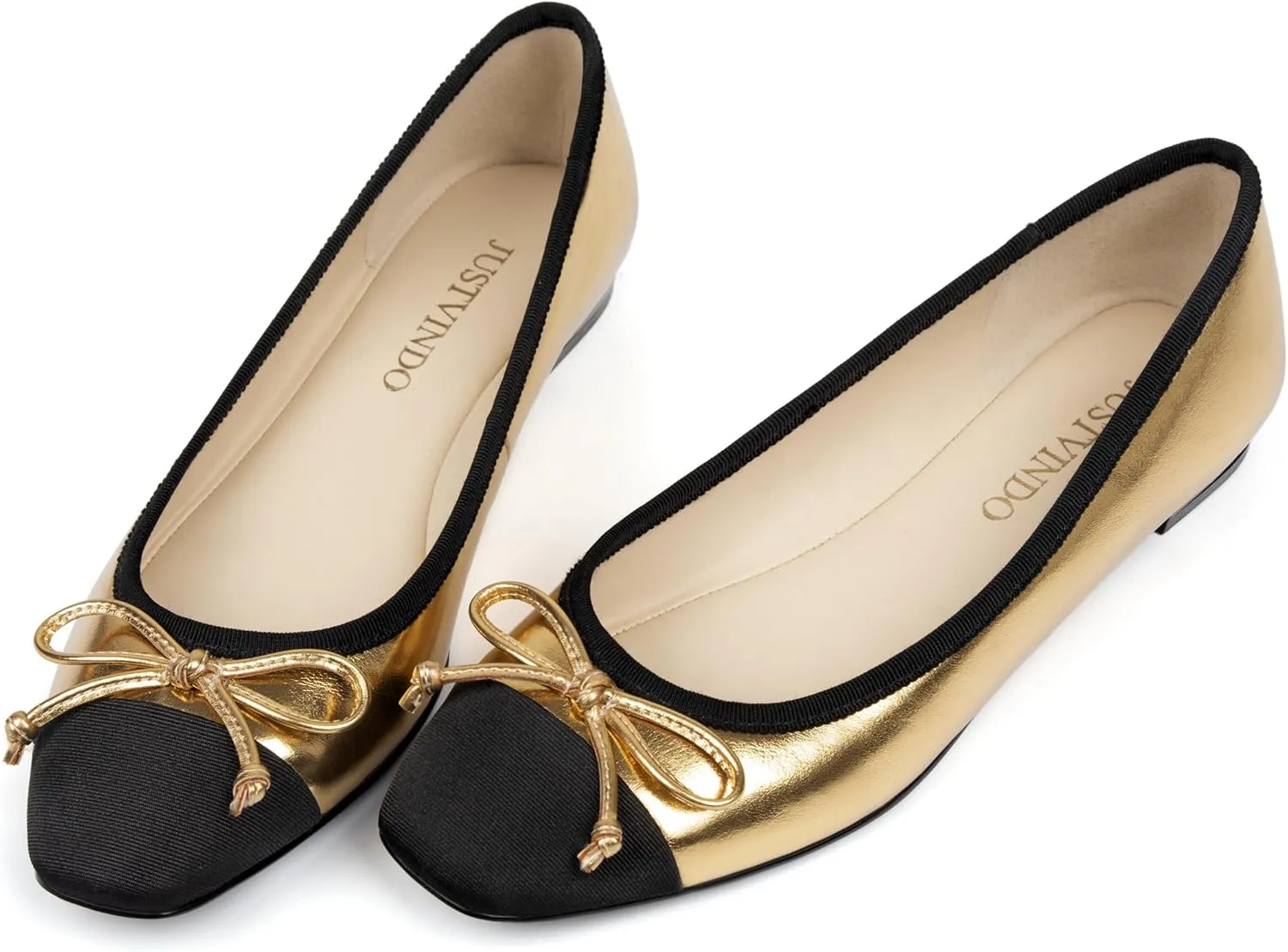 Women's Cap Toe Flats, Square Toe Ballet Flats with Bow, Two Tone Slip On Dress Flats for Women
