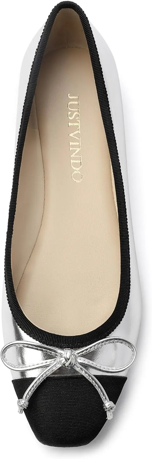 Women's Cap Toe Flats, Square Toe Ballet Flats with Bow, Two Tone Slip On Dress Flats for Women