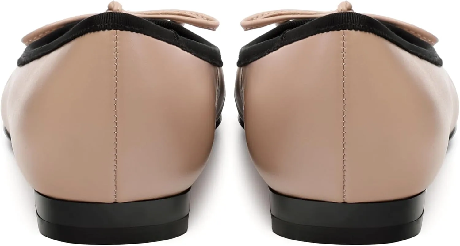 Women's Cap Toe Flats, Square Toe Ballet Flats with Bow, Two Tone Slip On Dress Flats for Women