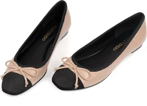 Women's Cap Toe Flats, Square Toe Ballet Flats with Bow, Two Tone Slip On Dress Flats for Women