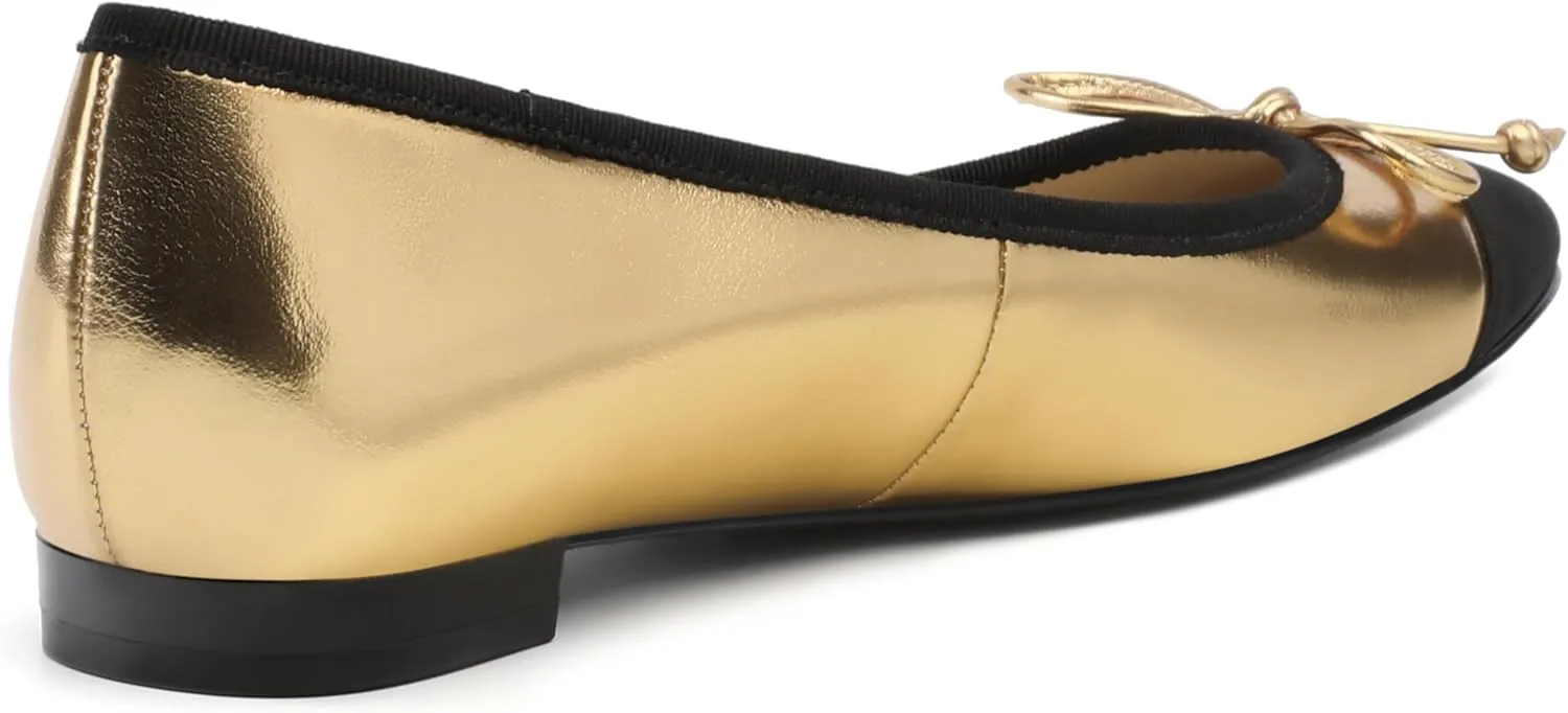 Women's Cap Toe Flats, Square Toe Ballet Flats with Bow, Two Tone Slip On Dress Flats for Women
