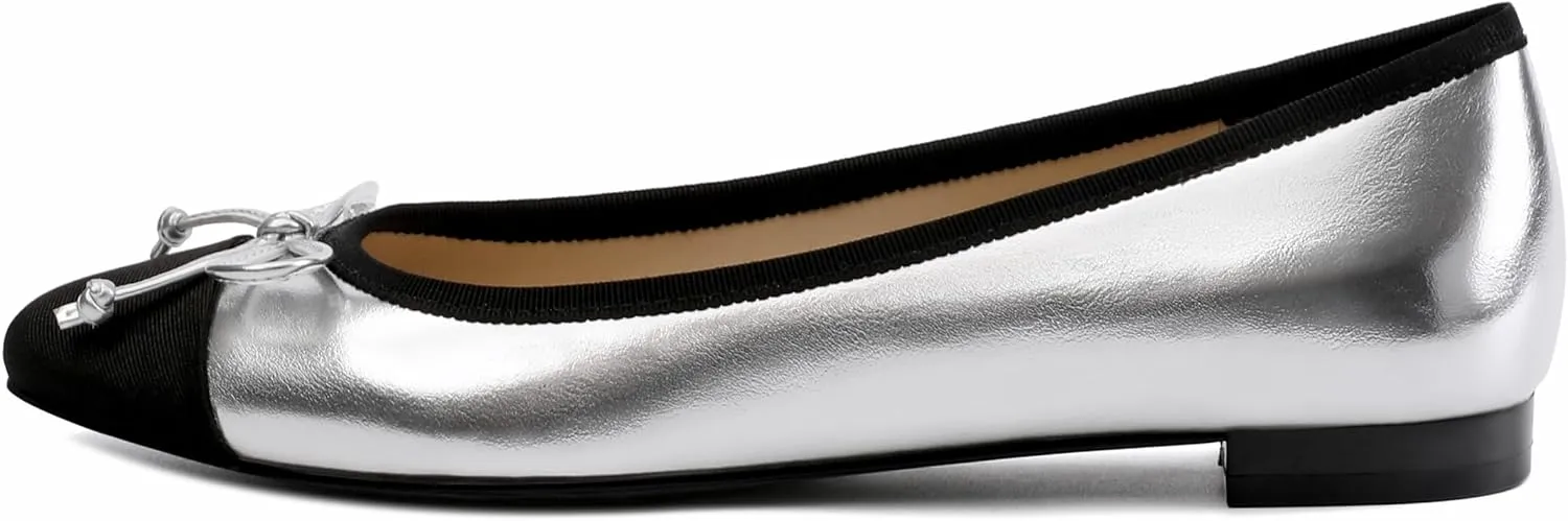 Women's Cap Toe Flats, Square Toe Ballet Flats with Bow, Two Tone Slip On Dress Flats for Women