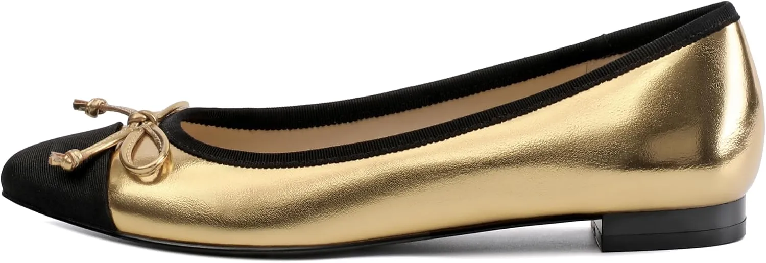 Women's Cap Toe Flats, Square Toe Ballet Flats with Bow, Two Tone Slip On Dress Flats for Women