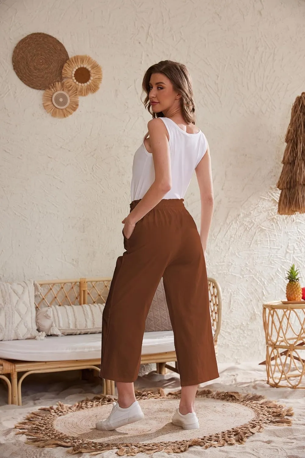 Womens Casual Linen Pants Wide Leg High Elastic Waisted Drawstring Summer Pants with Pockets