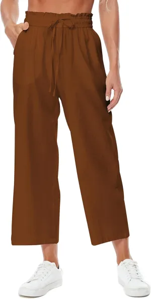 Womens Casual Linen Pants Wide Leg High Elastic Waisted Drawstring Summer Pants with Pockets