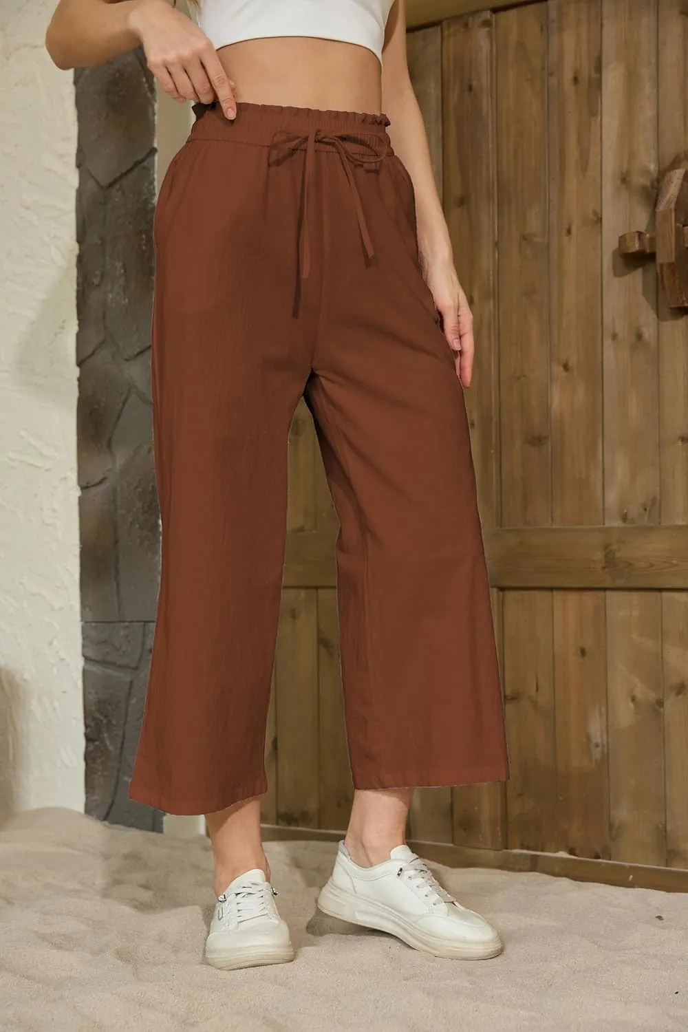 Womens Casual Linen Pants Wide Leg High Elastic Waisted Drawstring Summer Pants with Pockets
