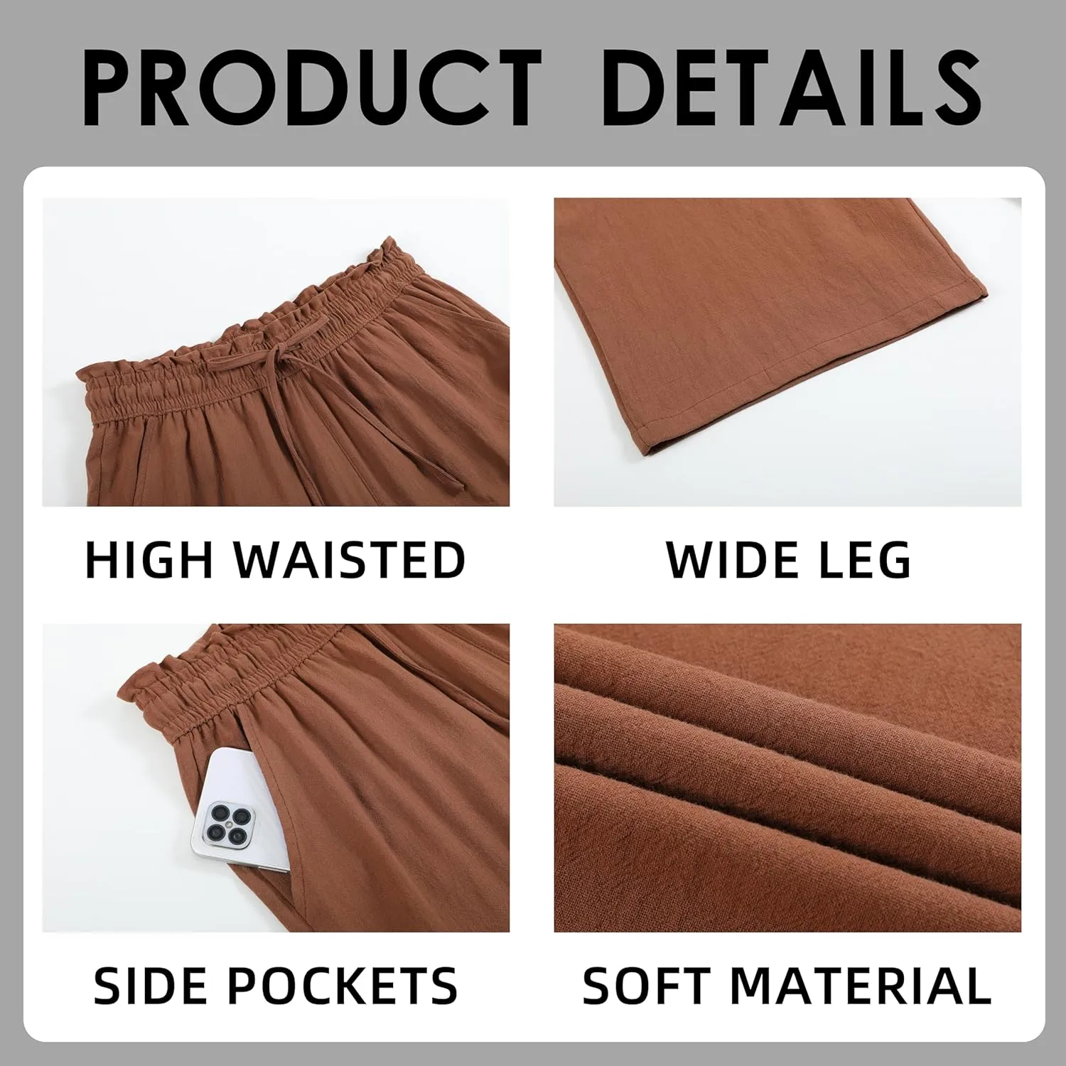 Womens Casual Linen Pants Wide Leg High Elastic Waisted Drawstring Summer Pants with Pockets