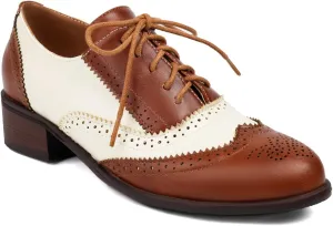 Women's Concise Brogue Lace up Shoes Closed Round Toe Party Comfortable Business Formal Occasion Oxfords Dance Chunky Dating Two Toned Mid Block Vintage Cosplay Heels