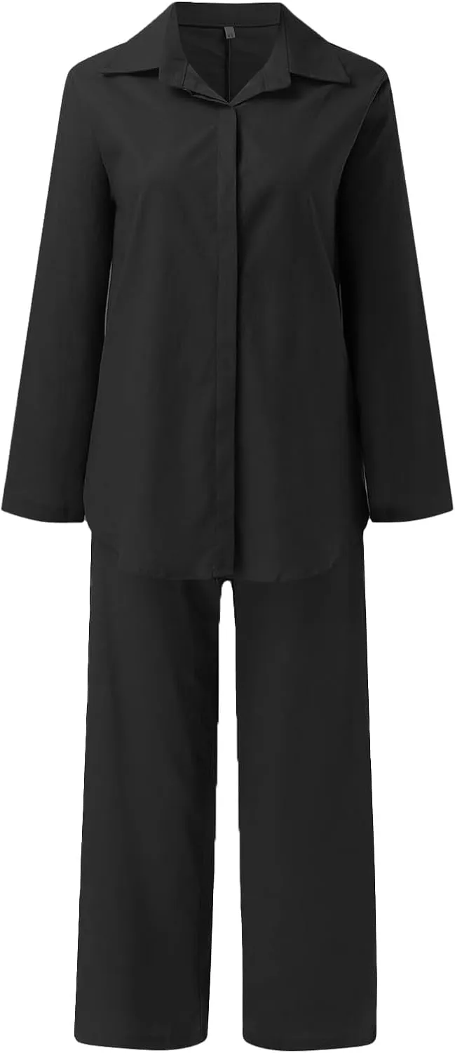 Womens Cotton Linen Lounge Sets Linen Dressy Casual Sets Wide Leg Pants Suits Short Sleeve Jogger Tracksuit