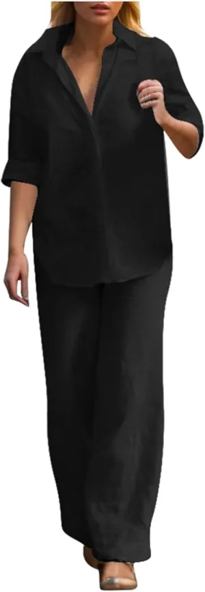 Womens Cotton Linen Lounge Sets Linen Dressy Casual Sets Wide Leg Pants Suits Short Sleeve Jogger Tracksuit