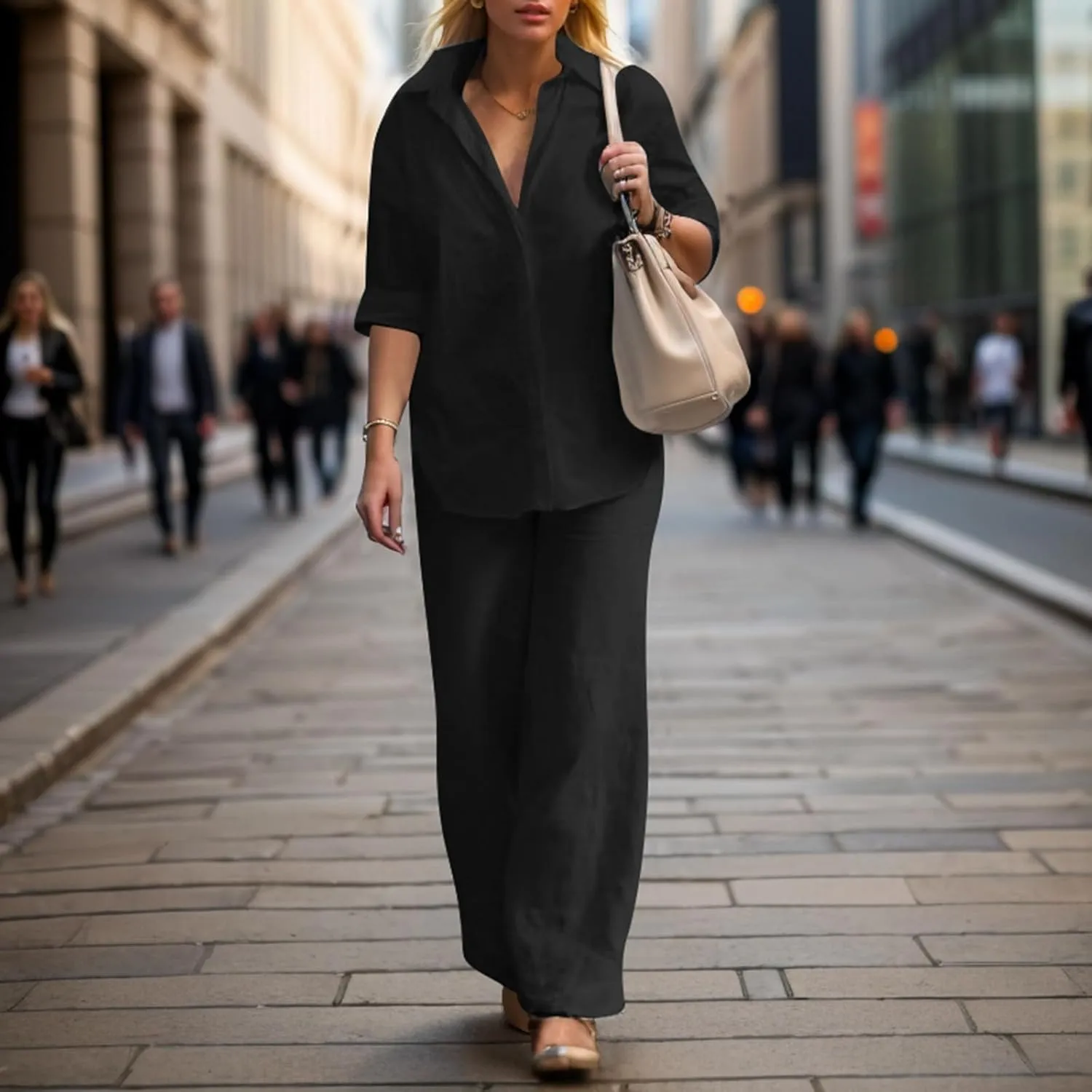 Womens Cotton Linen Lounge Sets Linen Dressy Casual Sets Wide Leg Pants Suits Short Sleeve Jogger Tracksuit