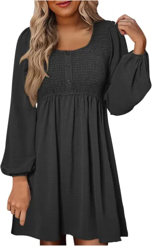 Womens Fall Fashion 2024 Dresses Causal Dressy Long Sleeve Smocked Crewneck Button Up Empire Waist A-Line Mini Dress