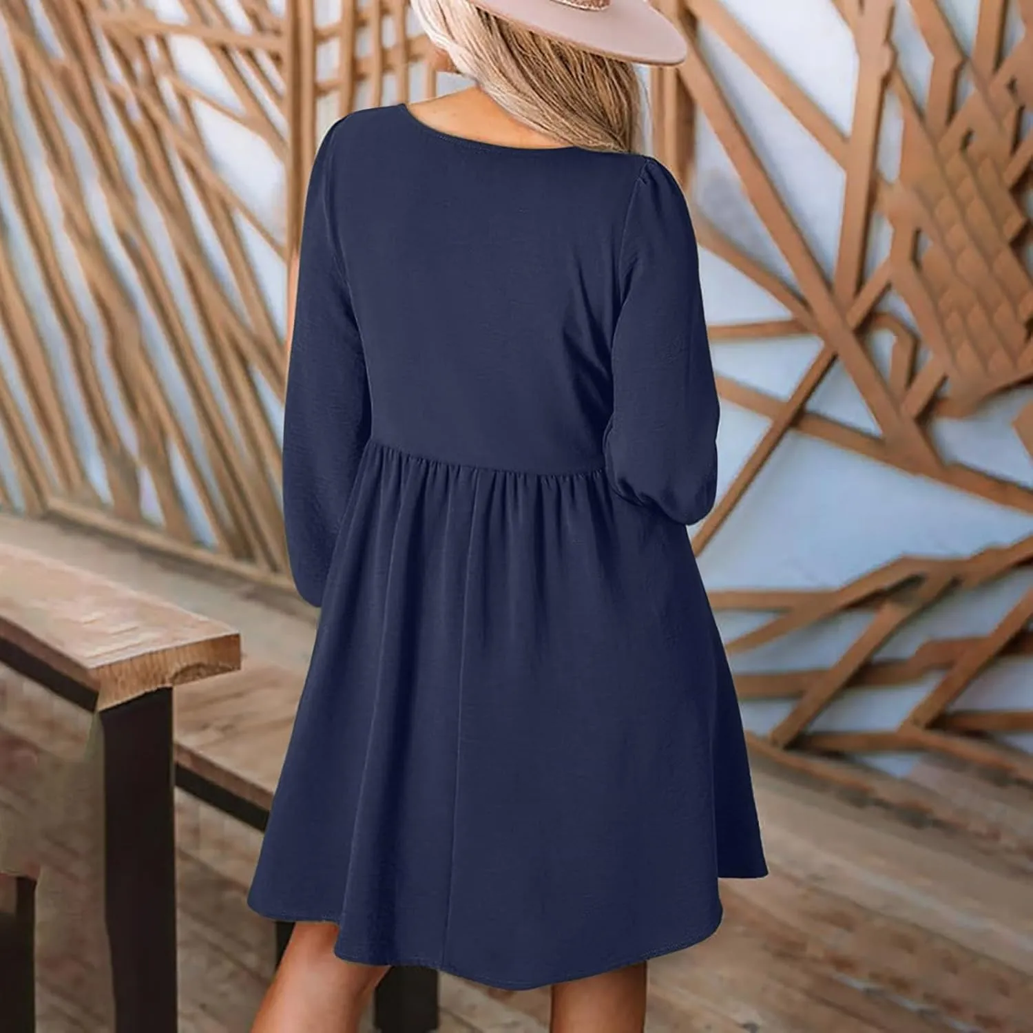 Womens Fall Fashion 2024 Dresses Causal Dressy Long Sleeve Smocked Crewneck Button Up Empire Waist A-Line Mini Dress