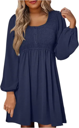 Womens Fall Fashion 2024 Dresses Causal Dressy Long Sleeve Smocked Crewneck Button Up Empire Waist A-Line Mini Dress
