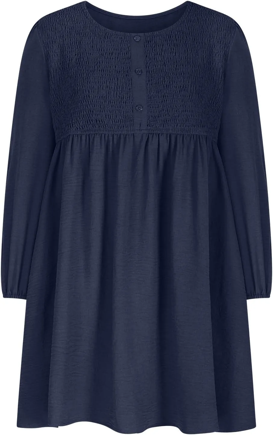 Womens Fall Fashion 2024 Dresses Causal Dressy Long Sleeve Smocked Crewneck Button Up Empire Waist A-Line Mini Dress