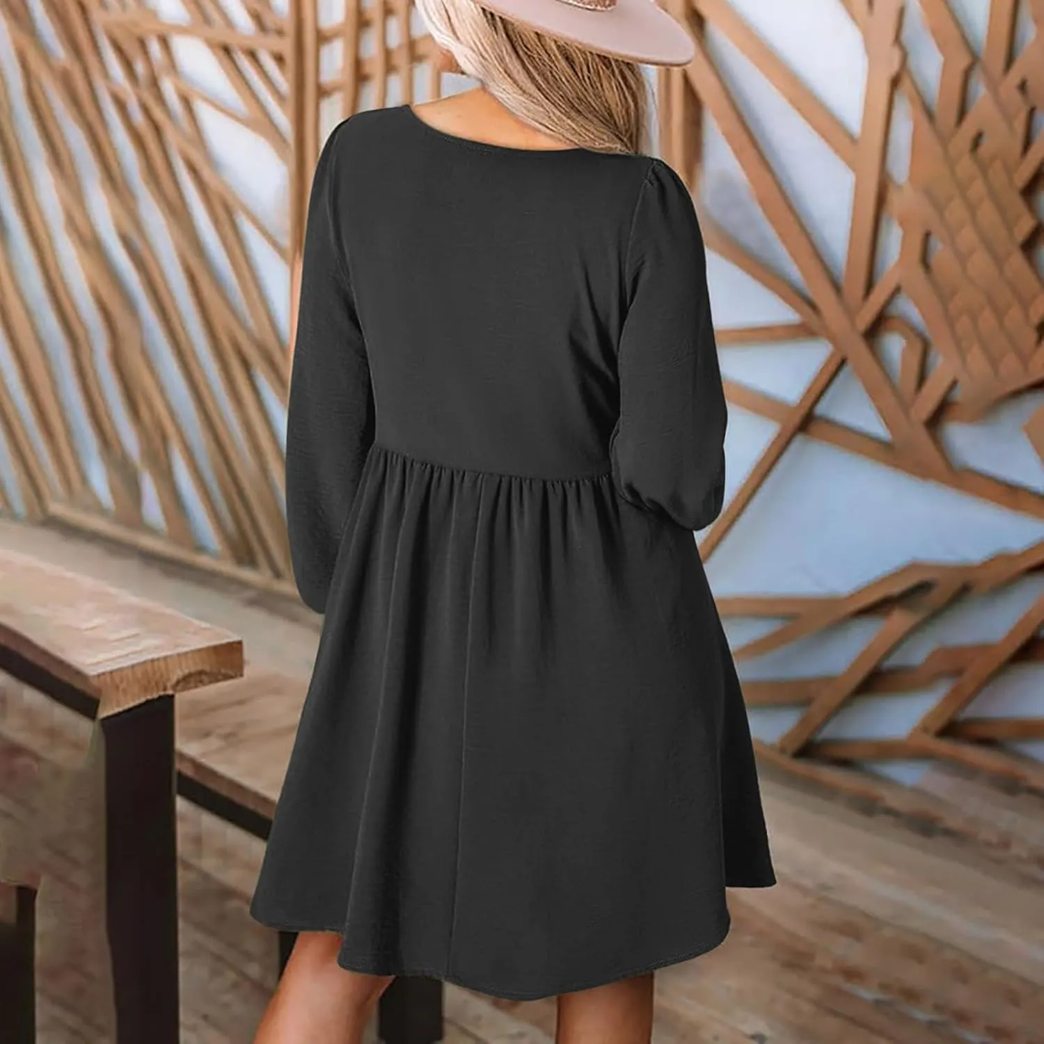 Womens Fall Fashion 2024 Dresses Causal Dressy Long Sleeve Smocked Crewneck Button Up Empire Waist A-Line Mini Dress