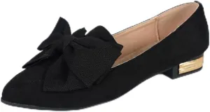 Women's Faux Suede Loafers – Pointed Toe Flats with Oversized Bow and Gold Accent Heel – Elegant Slip-On Dress Shoes for Work, Office, Casual Outfits, and Daily Comfort Walking