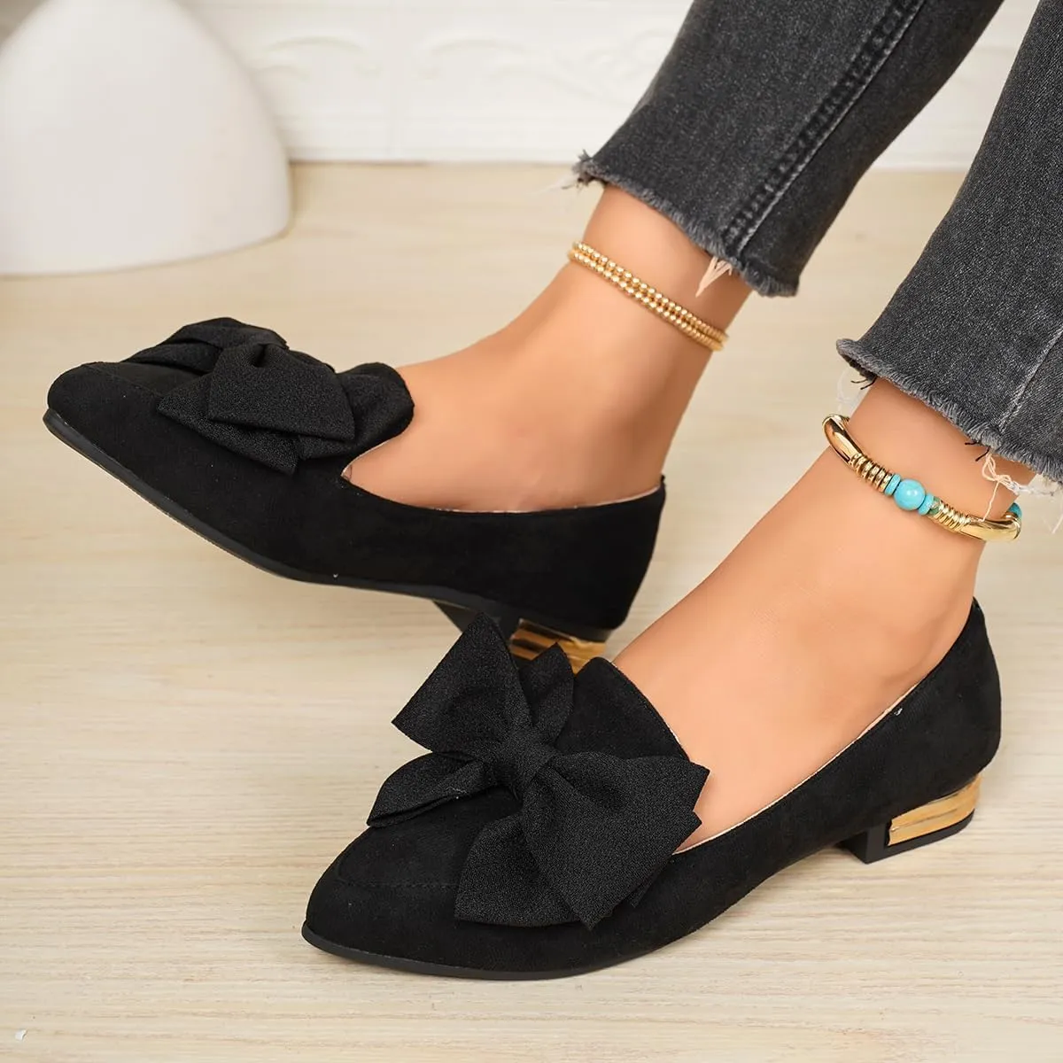 Women's Faux Suede Loafers – Pointed Toe Flats with Oversized Bow and Gold Accent Heel – Elegant Slip-On Dress Shoes for Work, Office, Casual Outfits, and Daily Comfort Walking