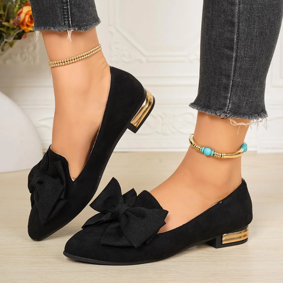 Women's Faux Suede Loafers – Pointed Toe Flats with Oversized Bow and Gold Accent Heel – Elegant Slip-On Dress Shoes for Work, Office, Casual Outfits, and Daily Comfort Walking