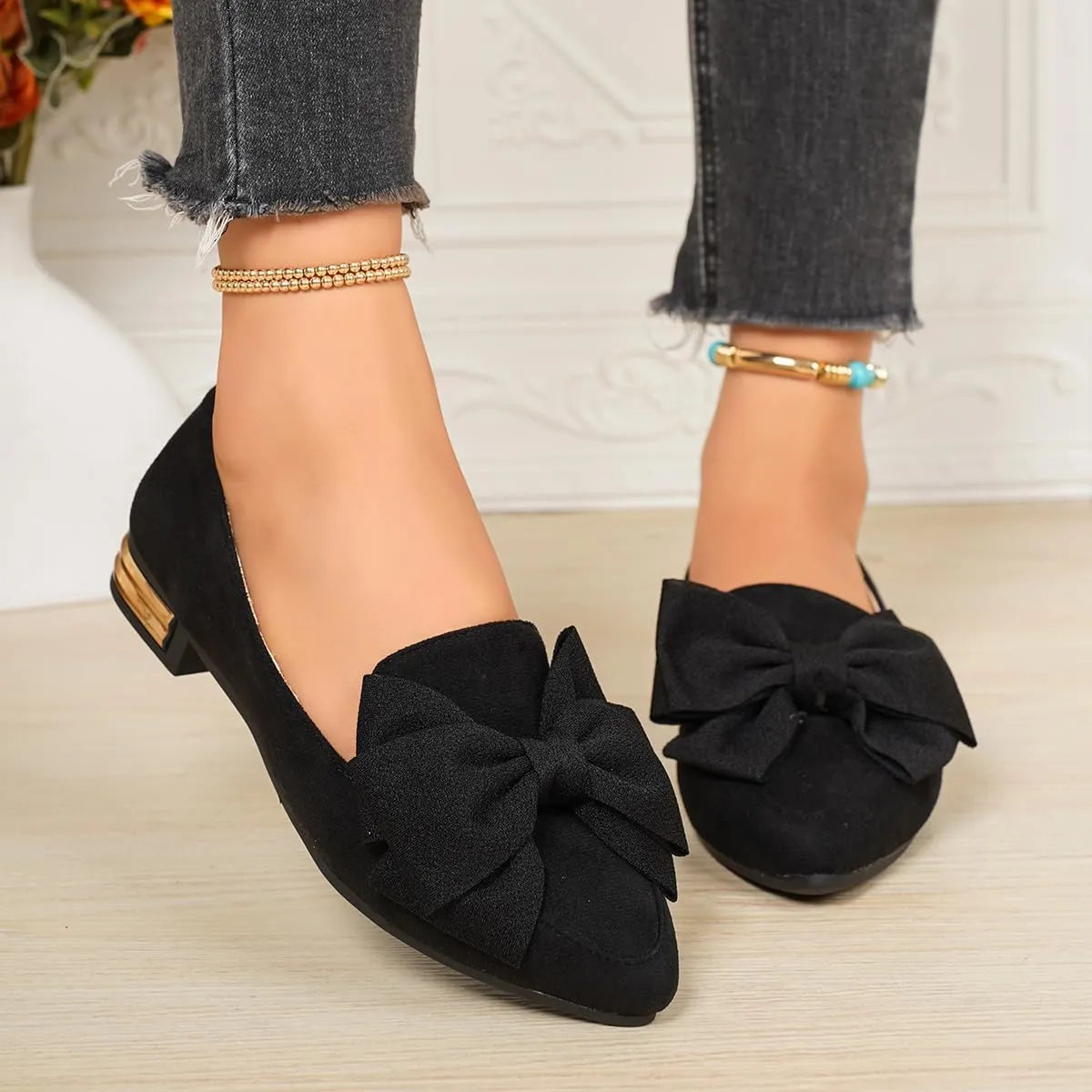 Women's Faux Suede Loafers – Pointed Toe Flats with Oversized Bow and Gold Accent Heel – Elegant Slip-On Dress Shoes for Work, Office, Casual Outfits, and Daily Comfort Walking