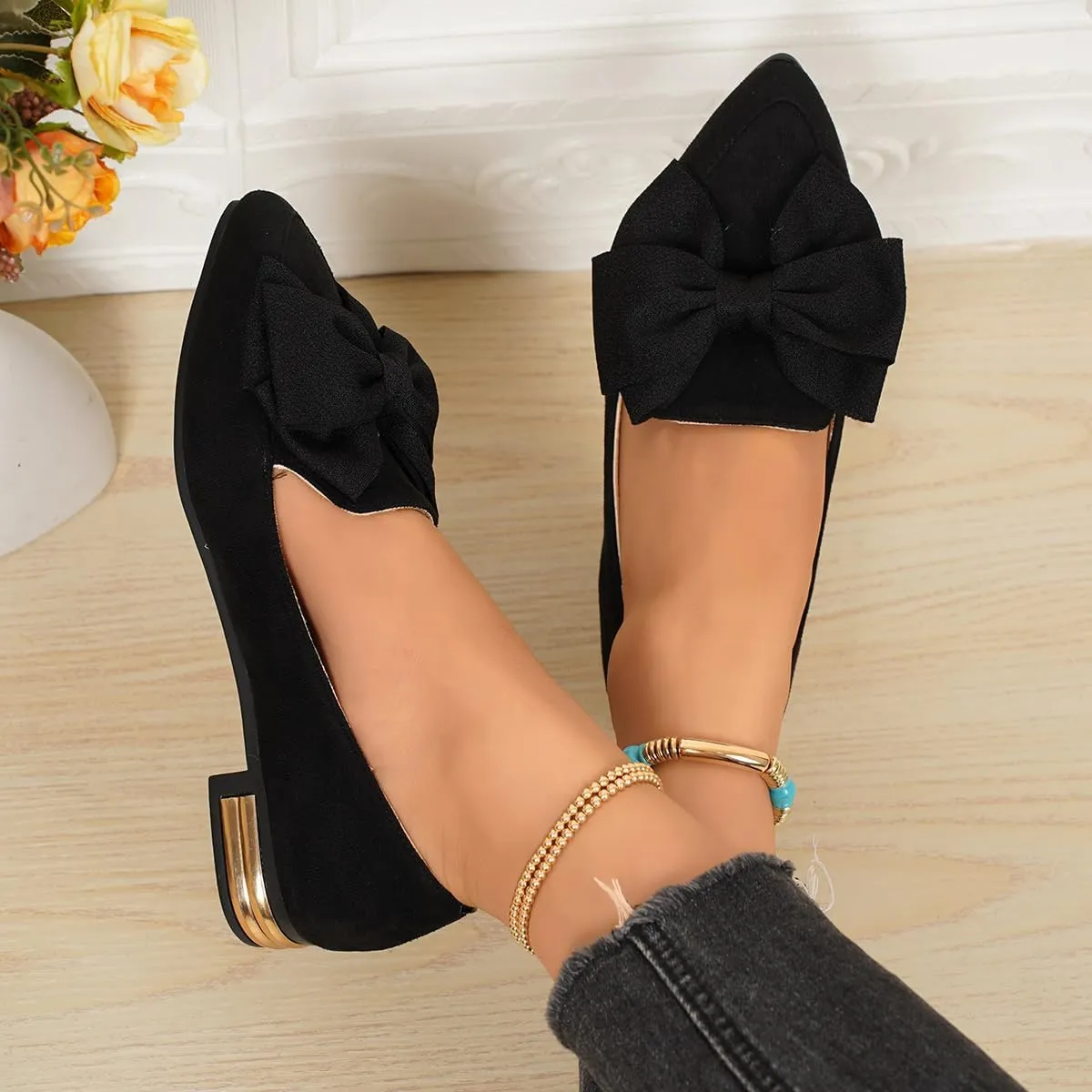 Women's Faux Suede Loafers – Pointed Toe Flats with Oversized Bow and Gold Accent Heel – Elegant Slip-On Dress Shoes for Work, Office, Casual Outfits, and Daily Comfort Walking
