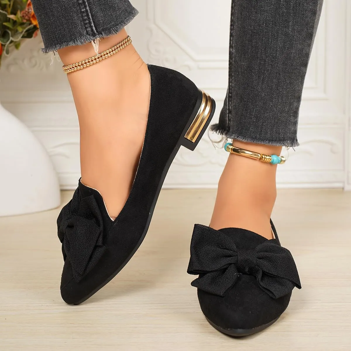 Women's Faux Suede Loafers – Pointed Toe Flats with Oversized Bow and Gold Accent Heel – Elegant Slip-On Dress Shoes for Work, Office, Casual Outfits, and Daily Comfort Walking