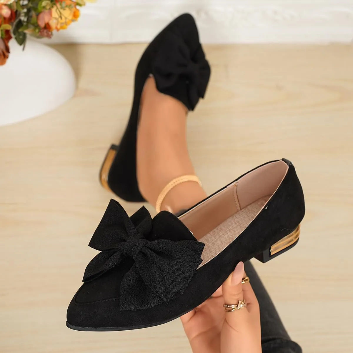 Women's Faux Suede Loafers – Pointed Toe Flats with Oversized Bow and Gold Accent Heel – Elegant Slip-On Dress Shoes for Work, Office, Casual Outfits, and Daily Comfort Walking