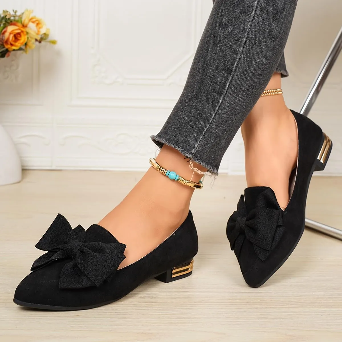 Women's Faux Suede Loafers – Pointed Toe Flats with Oversized Bow and Gold Accent Heel – Elegant Slip-On Dress Shoes for Work, Office, Casual Outfits, and Daily Comfort Walking