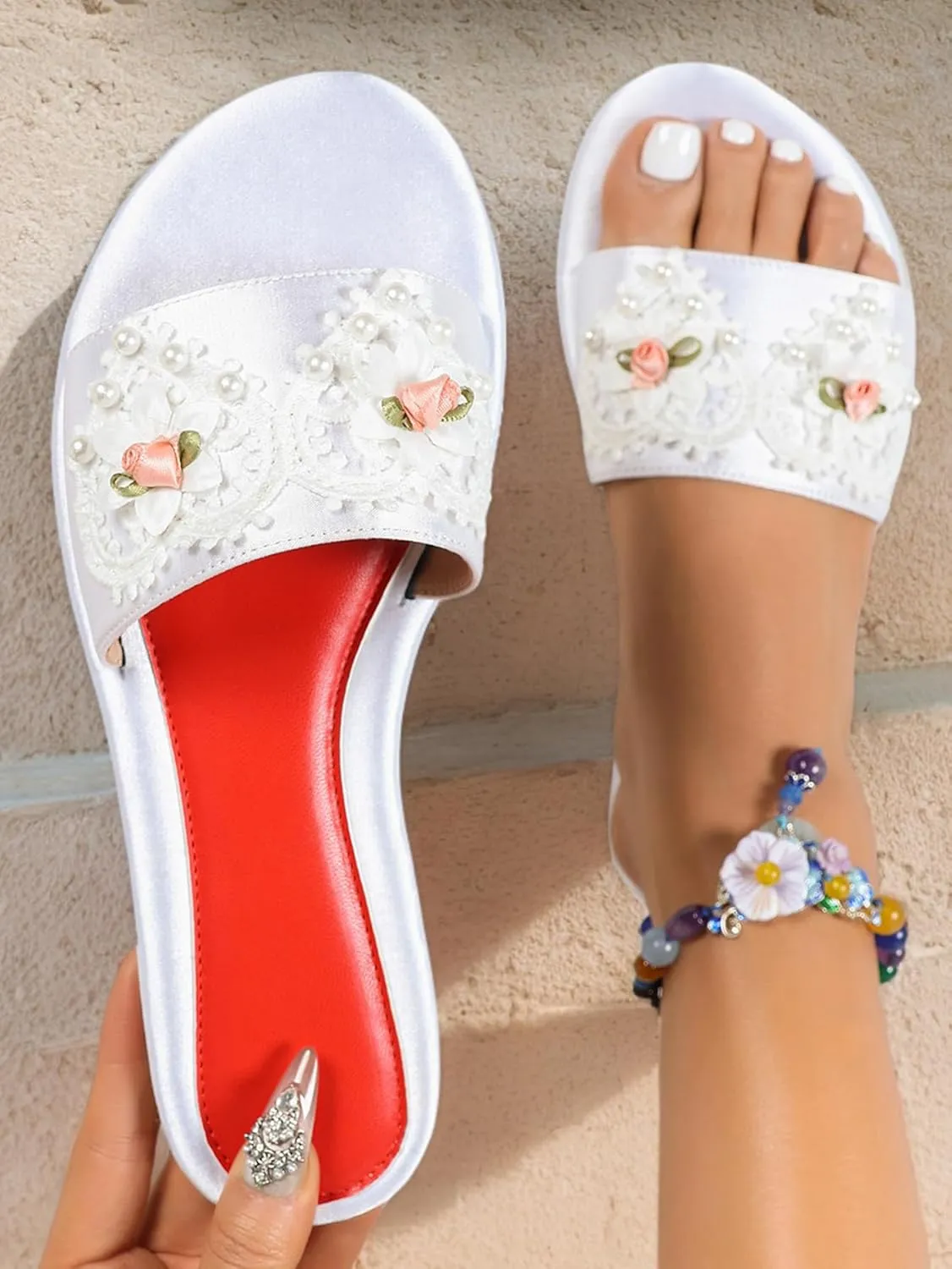 Women's Flat Bridal Slippers – Elegant Lace & Pearl Embellished Flats with Floral Detail, Romantic Indoor Wedding Shoes for Bride & Formal Events