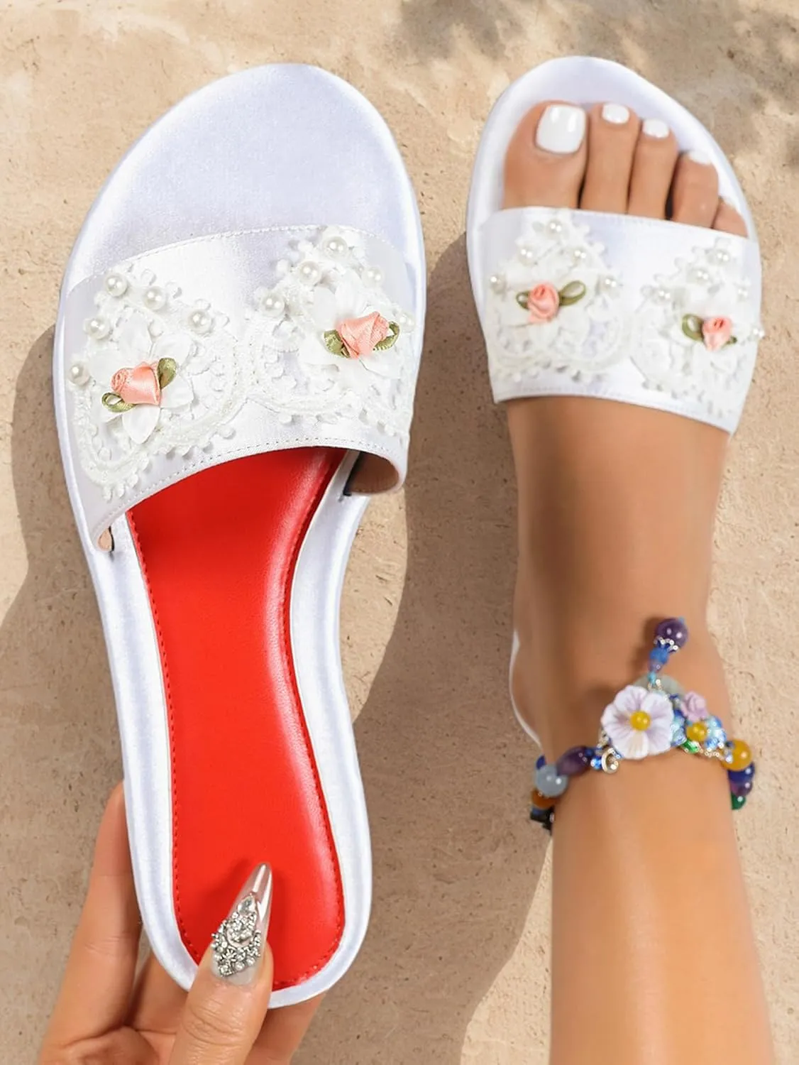 Women's Flat Bridal Slippers – Elegant Lace & Pearl Embellished Flats with Floral Detail, Romantic Indoor Wedding Shoes for Bride & Formal Events